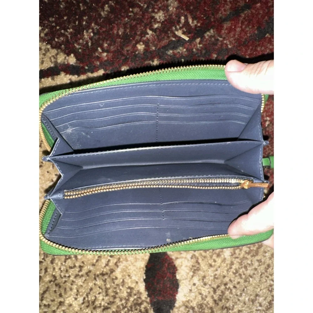 COACH Long Zip-Around Green Pebble Leather Wallet with Gold Hardware AUTHENTIC